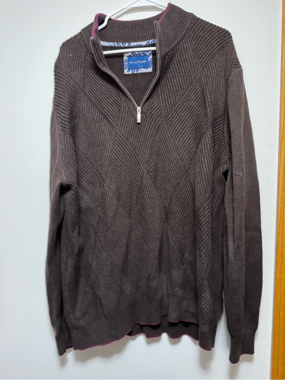Tommy Bahama Brown Quarter-Zip Knit Sweater with Pink Trim